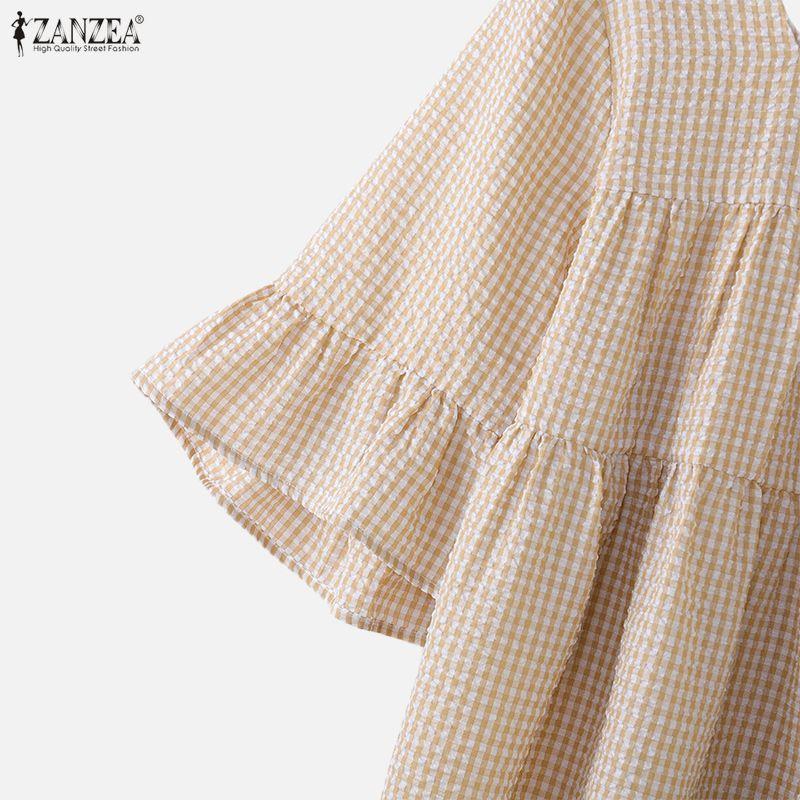 ZANZEA Women Casual Square Collar Plaid Print Loose 3/4 Sleeve Blouse