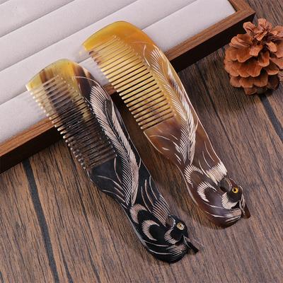 Natural Ox Horn Comb Anti Static Buffalo Combs Mandarin Duck Phoenix Carving Professional Detangling Massage Fine Tooth Comb