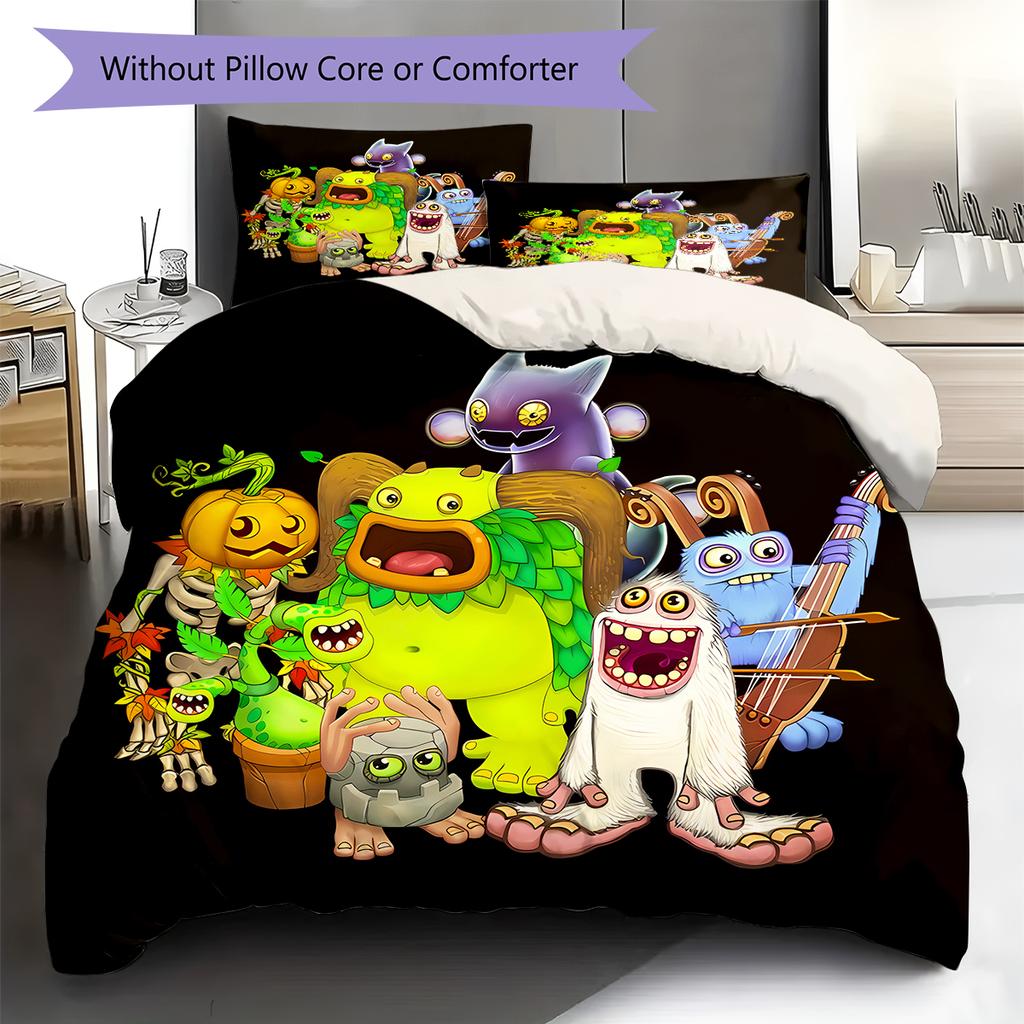 My Singing Monsters Pattern Bedding,Quilt Set Quilt Cover Pillowcase Home Birthday Gift (1 * Duvet Cover + 2 * Pillowcase, Without Core)