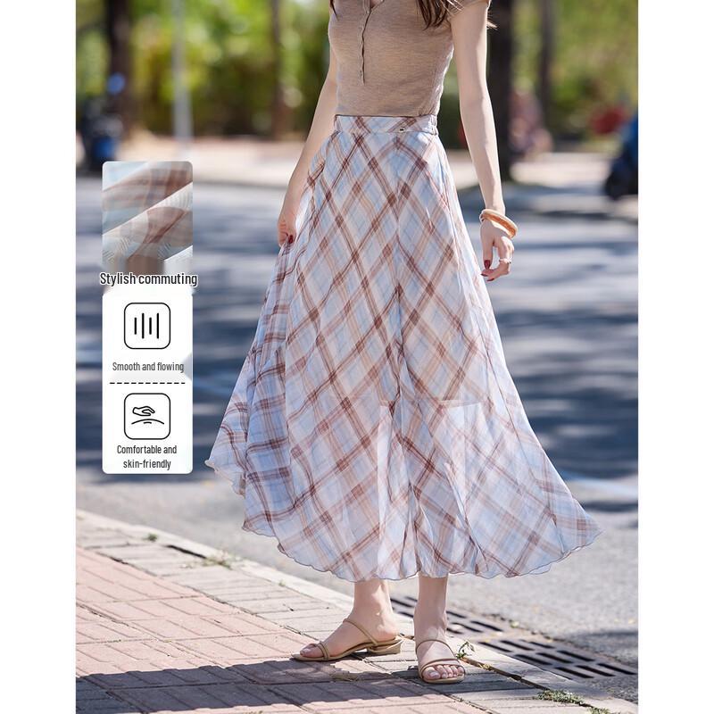 Women s French Style Plaid A-line Midi Skirt 2XL