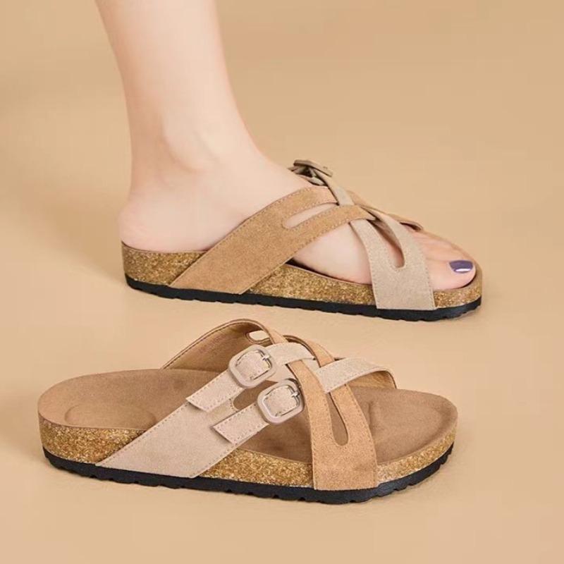 Fashion Outside Slippers Women's Summer New Round Toe Open Toe Versatile Retro Cross with Metal Buckle Flat Bottom Cool Mop