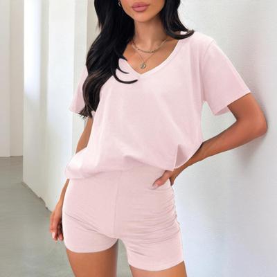 2 ks/sada Dámska súprava trička a šortiek Oblek Výstrih do V Krátke rukávy Jednofarebný Voľný top Vysoký pás Mini šortky Športový outfit Bežný denný teplákový komplet