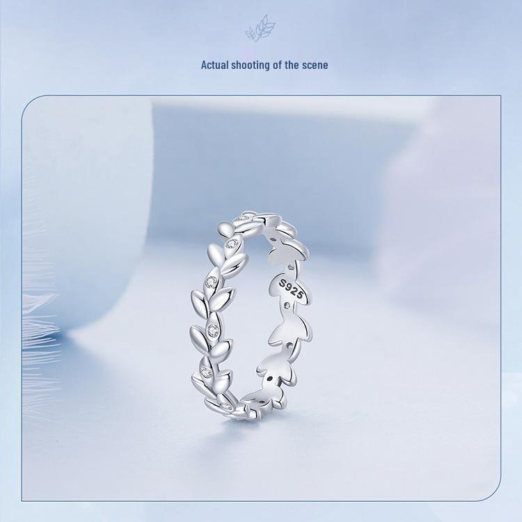 Versatile Everly Sterling Silver Leaf Ring with Rhodium Plated Zircon Band