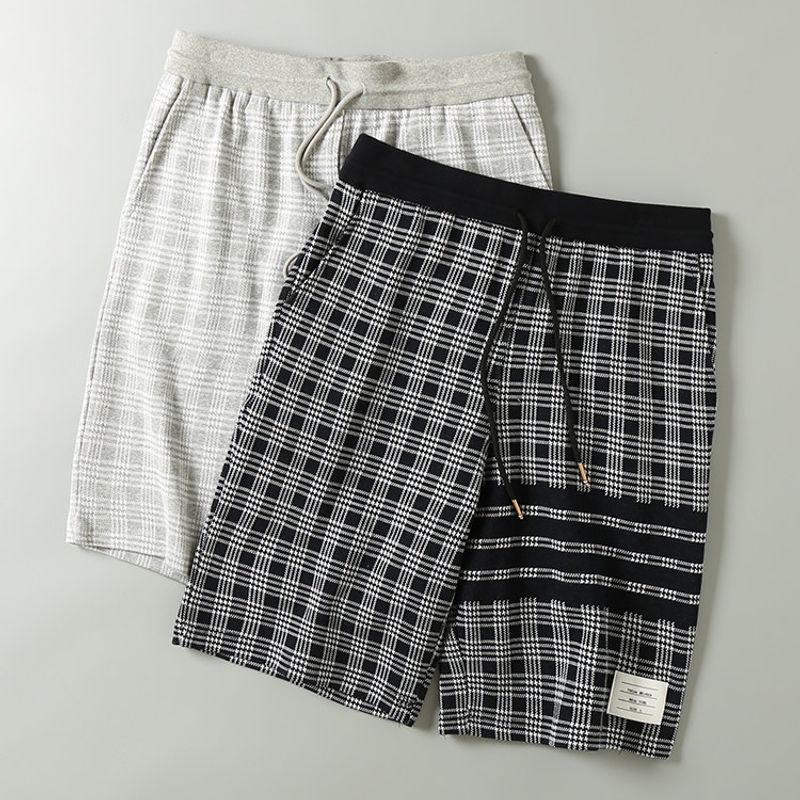 Summer Fashion Brand Stripes Gingham Couple's Shorts Cotton Yarn-Dyed Jacquard Four Bars Casual Loose Cropped Pants for Men