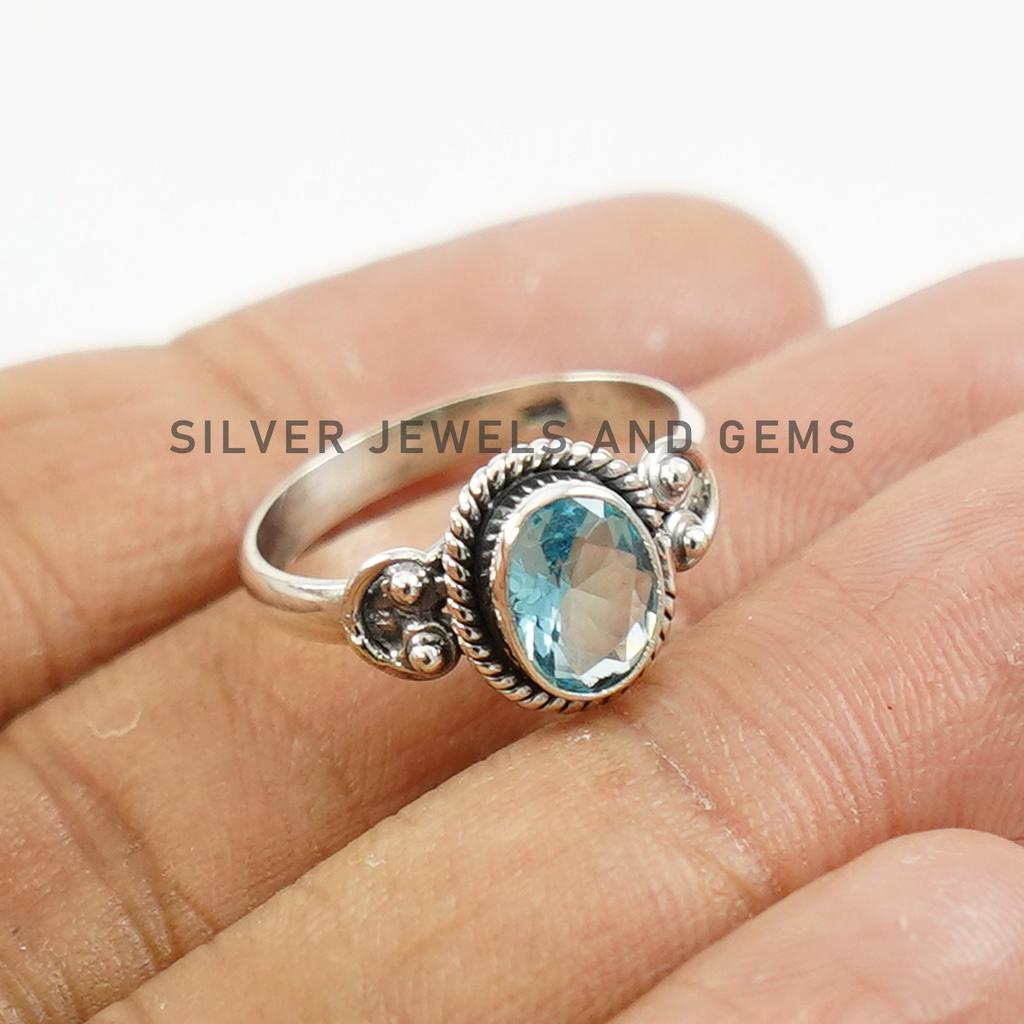 Blue Topaz Ring, Handmade Dainty Ring, Oval Topaz Ring, 925 Sterling Silver Ring, Wedding Ring, December Birthstone, Gemstone Ring