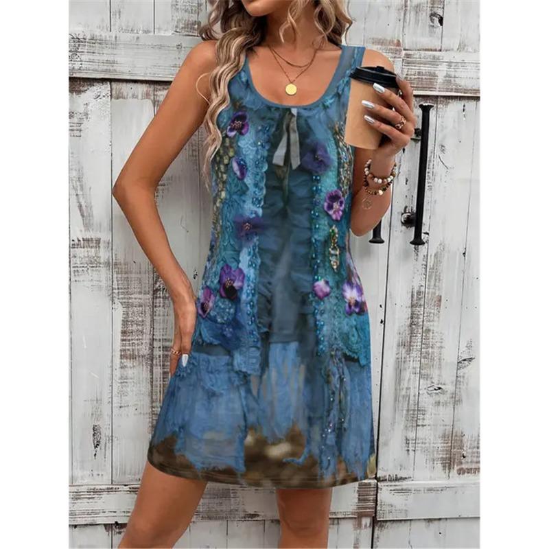 Mini Abiti Estivi da Donna Stile Cowboy Senza Maniche Stampa 3D Moda di Strada Abito da Donna Lento Abito Casual