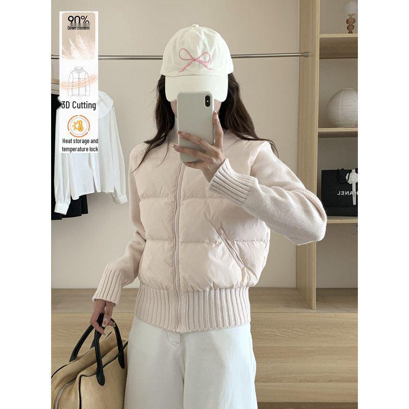 Korean Style Women's Knitted Patchwork Down Vest - Petite Short 90% White Duck Down Outerwear for 2025 Autumn/Winter