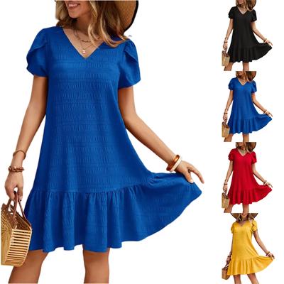 Fashionable Women's V-neck Color Loose Dress Casual Short Sleeved Dress