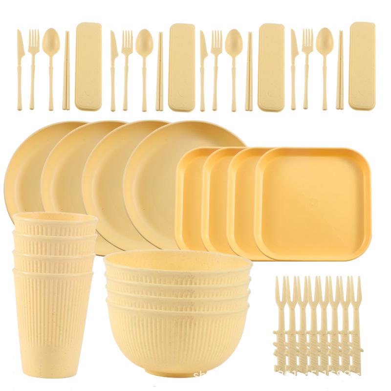 Wheat Straw Tableware Set - Portable Bowl, Plate, Cup, Knife, Fork, Spoon & Chopsticks for Students