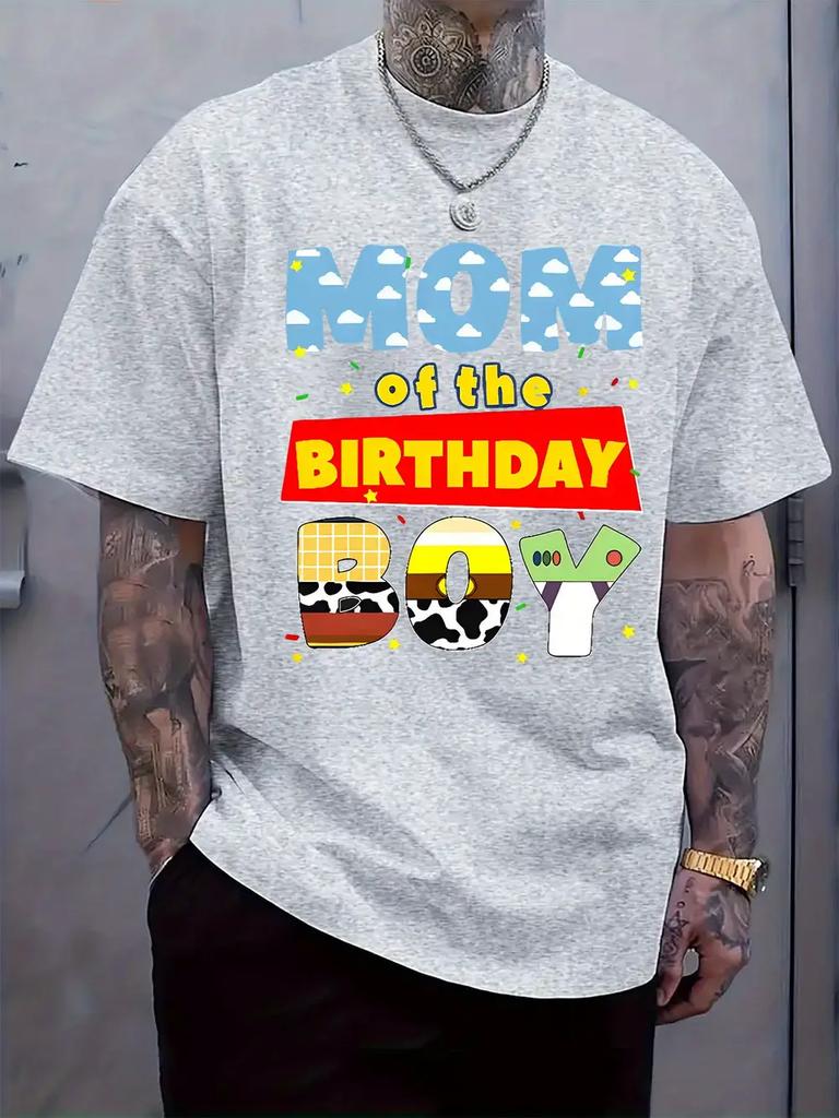 Mom of the Birthday Boy" Graphic Tee - Casual Crew Neck Short Sleeve T-shirt for Men
