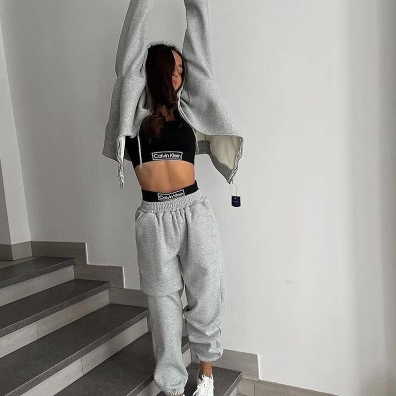 European and American Sports Women's Suit, Zipper Cardigan, Solid Color Top, Long Lace-up Casual Pants Two-piece Set