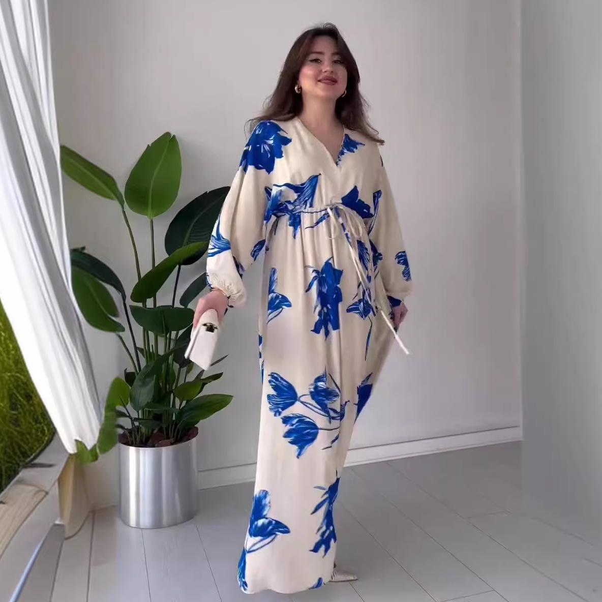 

2024 Осень Европейский и американский свободный крой, высокая талия, кулиска, длинный рукав, платье с принтом Large белый