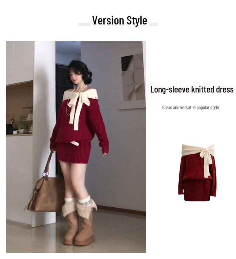 Women's Red Off-Shoulder Long Sleeve Knit Dress - Christmas Bow Detail, Hip-Hugging Short Skirt for Autumn/Winter