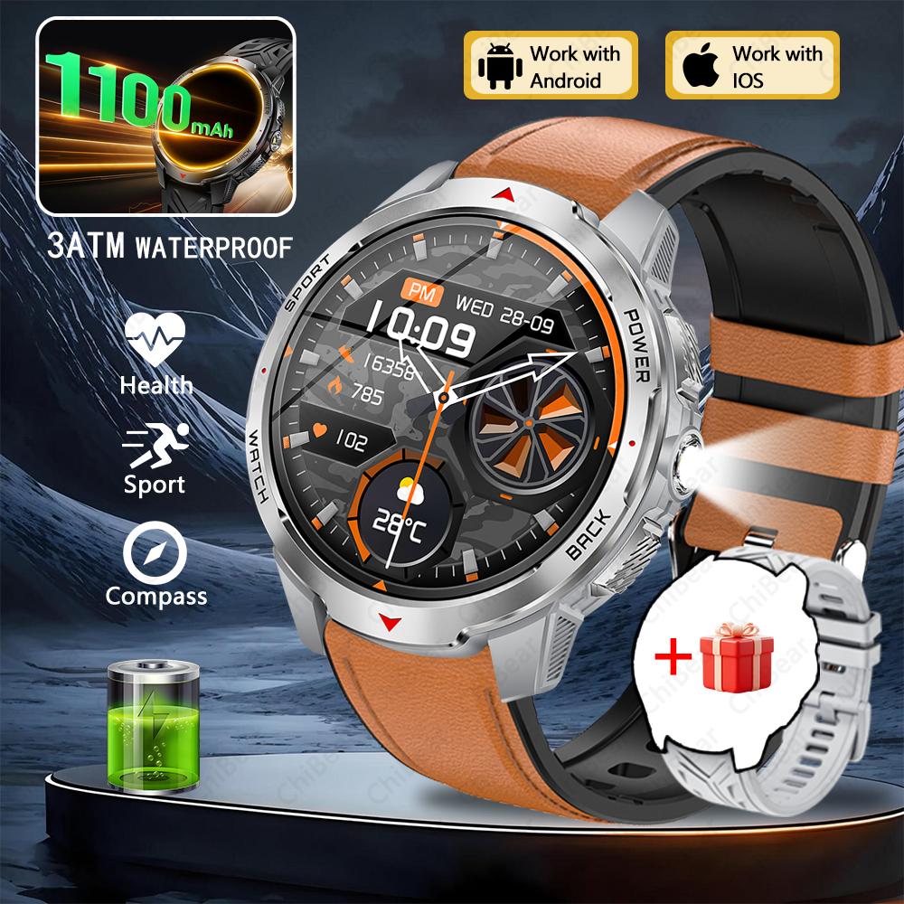 New 1100mAh Large Battery Smart Watch Men Compass LED Flashlight 3ATM Waterproof Bluetooth Call Heart Rate Sports Smartwatch