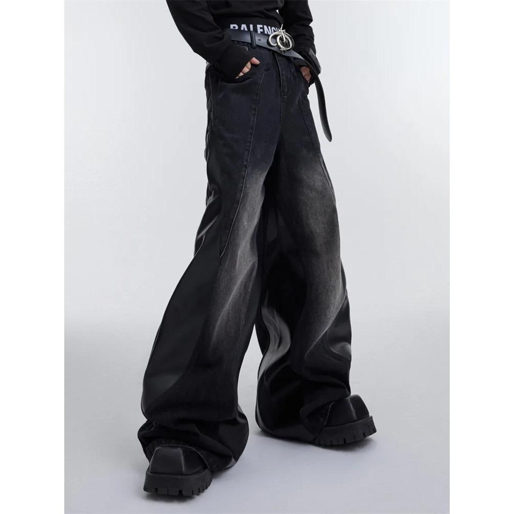 ZYLLO Y2K Streetwear Red Pu Leather Patchwork Baggy Jeans Pants For Men Designer Clothes Wide Leg Loose Denim Trousers