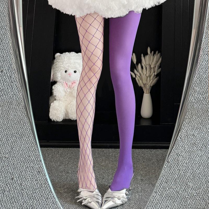 Yin Yang Fishnet Velvet Patchwork Tights - Black & White, Purple Color Block, JK Style, Pure Desire.