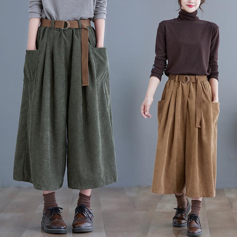 Pantaloni Donna Casual Monocolore Gamba Larga Autunno Tasche Grandi Vintage Vita Elastica Pantaloni Larghi Taglie Forti