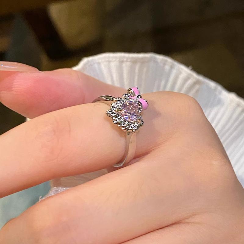 Light Luxury Heart-Shaped Zircon Ring Opening Design Female Sweet Cool Versatile Personalized Ring Niche High-End Fashionable