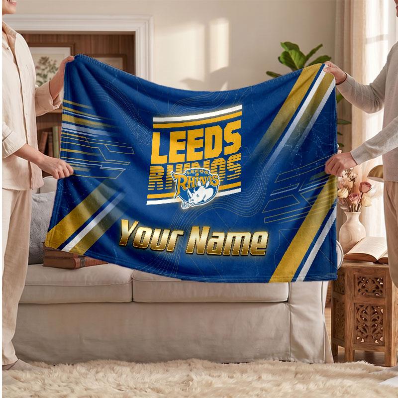 Leeds Rhinos Flannel Blanket, Custom Name Text Personalized Soft Throw Blanket Home Decor Gift