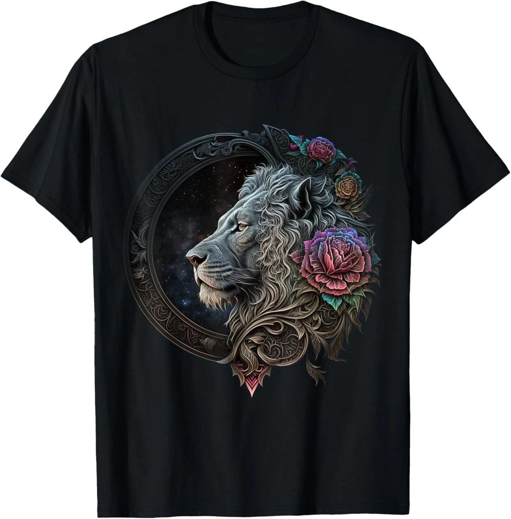 Lion Mandala Flowers Art Space Animal Zoo Lion T-Shirt