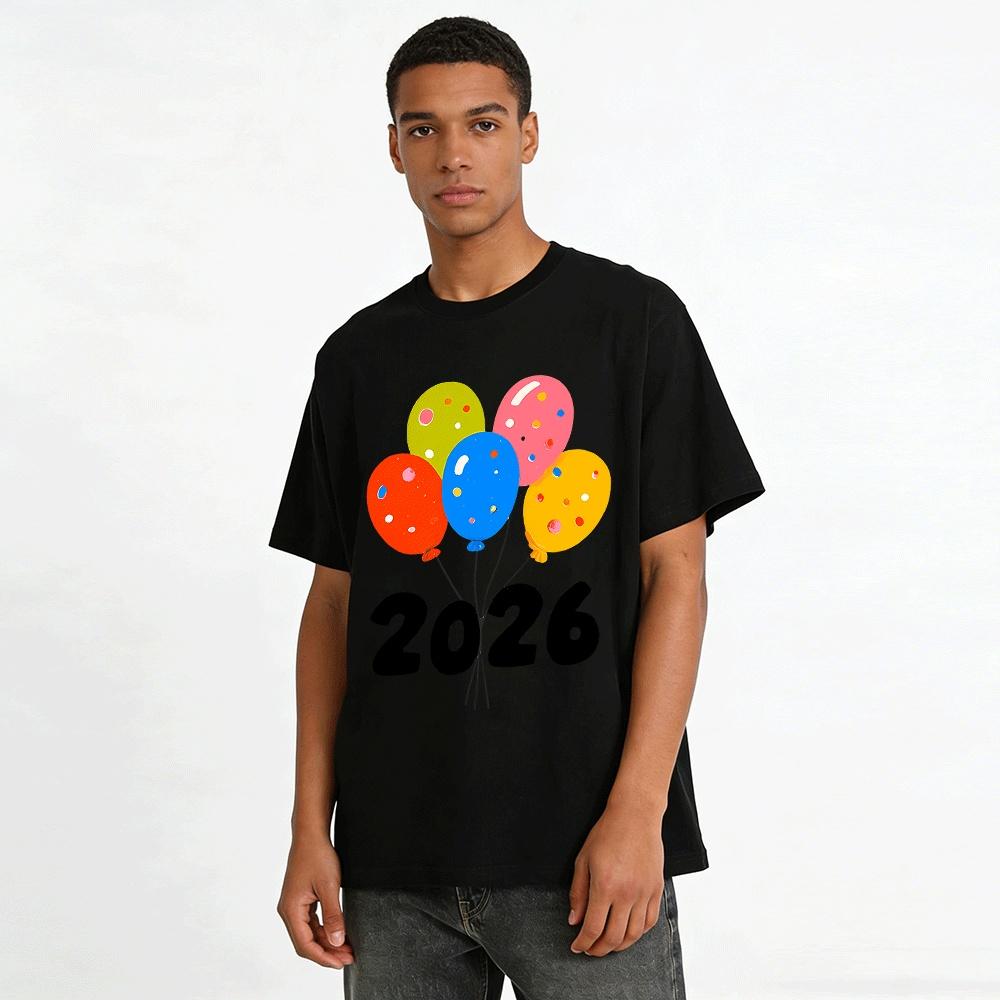 2026 New Year Colorful Balloon Print Casual Loose Unisex Top Pure cotton T-shirt