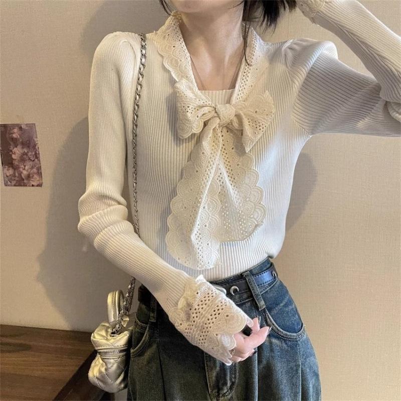 French Ribbed Design Autumn Winter Slimming Lace Trim Base Shirt
