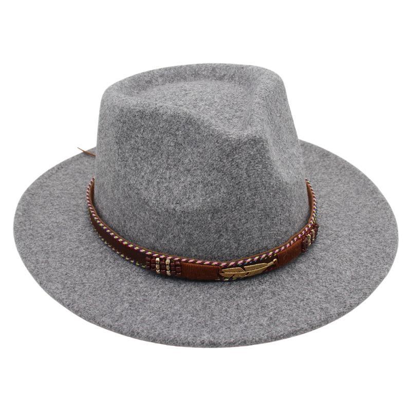 Шляпа-цилиндр с перьями в этническом стиле, тибетская джазовая шляпа, фетровая шляпа, шляпа из имитации шерсти, мужская и женская, в стиле Ins One size светло-серый