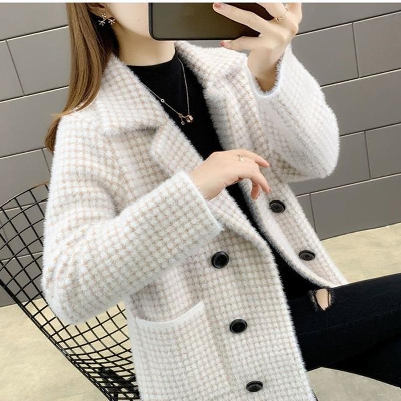 Damen Karierter Langer Mohair Cardigan Mantel Herbst Nerzstrickjacke