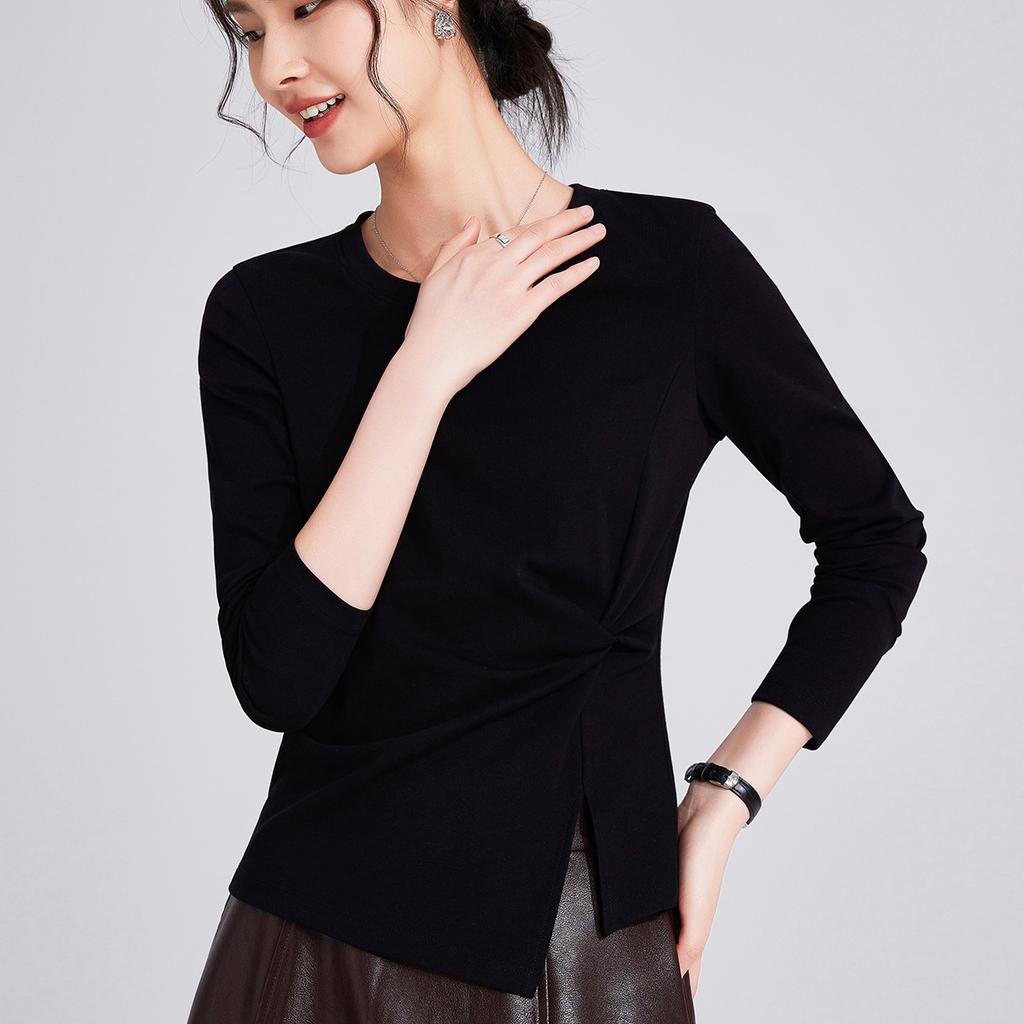 Spring and Autumn New Crew Neck Irregular Long Sleeve Women's Slim Pleated Design Niche Bottom Shirt Top