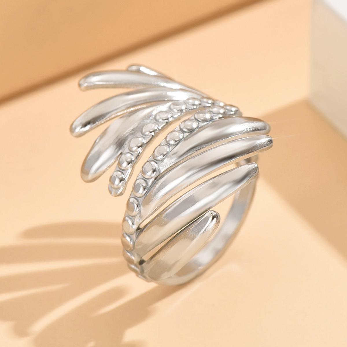 Retro Court Style Winged Feather Stainless Steel Adjustable Open Ring for Women