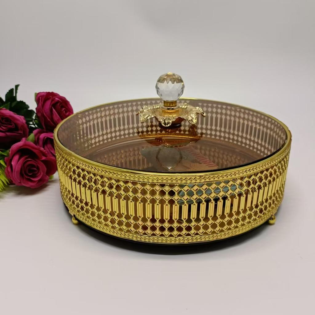 Nordic light luxury iron art round stripe mirror fruit plate with cover