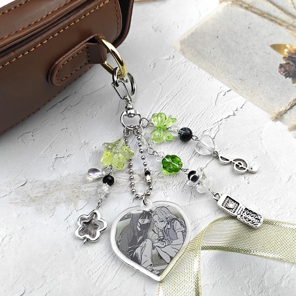 The Guy She Was Interested In Wasn't a Guy At All/Green Yuri Keychain Cute Anime Heart Keyring Handmade Beaded Accessory