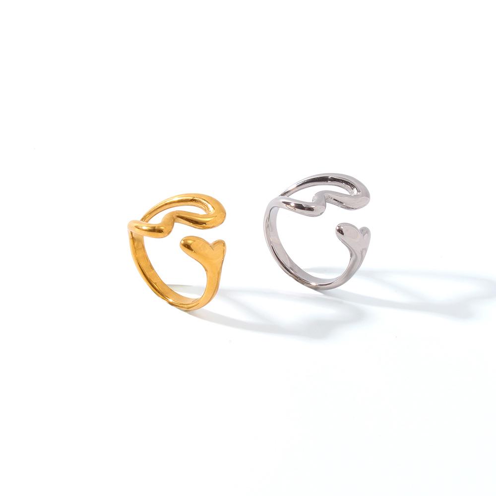 European & American Titanium Steel Heart Hollow Double-Headed Versatile Open Ring, 18K Gold Plated
