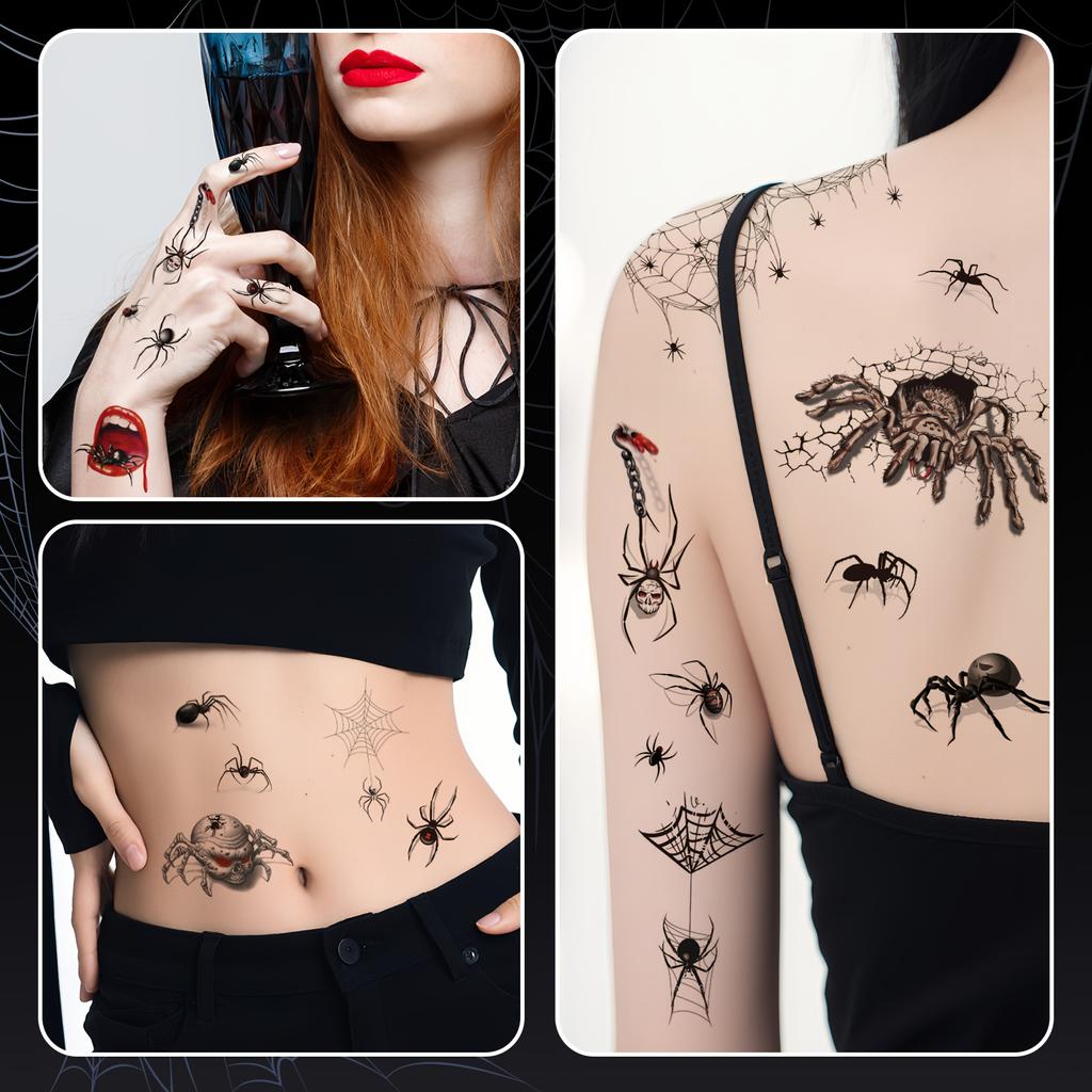8PCS Halloween Temporary Tattoo - Designs for evil spiders, bats, pumpkins, etc., for face painting, party gifts, and decorations
