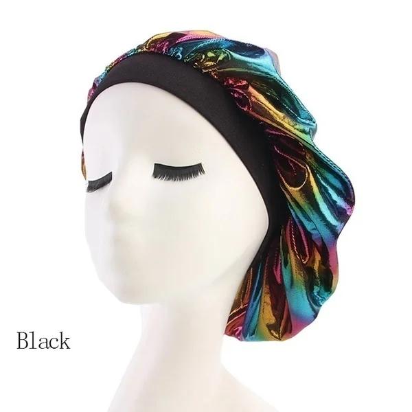 New Women Laser High Elasticity Wide Side Sleeping Cap Perm Hat Chemotherapy  Bath S Silk Bonnet for Sleeping