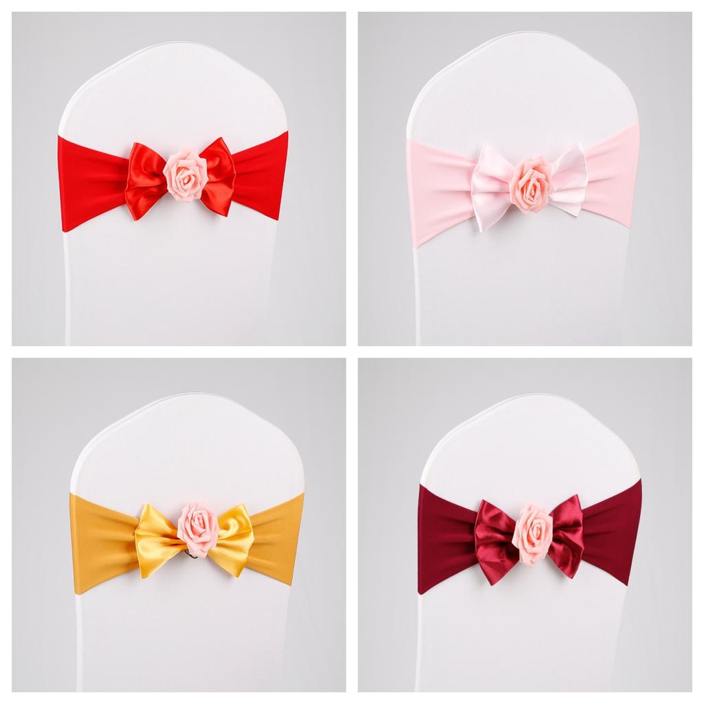 Stretch Chair Sashes Bow Knot Rose Flower Elastic Band Wedding Party Banquet Reception Hotel Event Decoration Chair Cover Sash