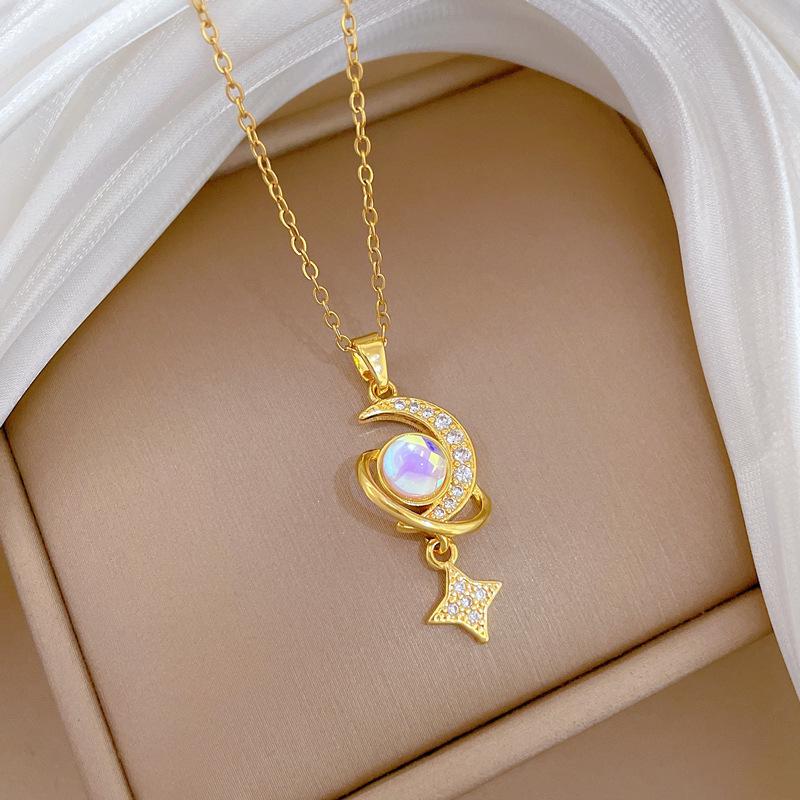 Stainless Steel Chain Necklace Dreamy Moonstone Zircon Moon Planet Star Pendant Necklace for Women Girls Sweet Jewelry Gifts
