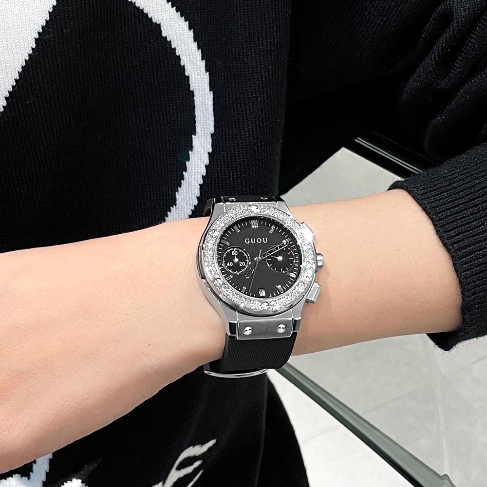 Women's Watch Ins Style Personality Simple Silicone Strap Simple Multifunctional Calendar Rhinestone Women's Watch