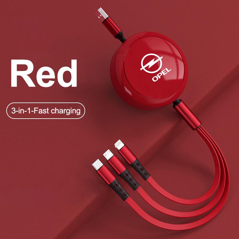 6A 100w Data Cable 3 in1 Fast USB Cable Retractable Portable Charging Line For Opel Astra Insignia Vivaro Corsa Mokka Zafira OPC