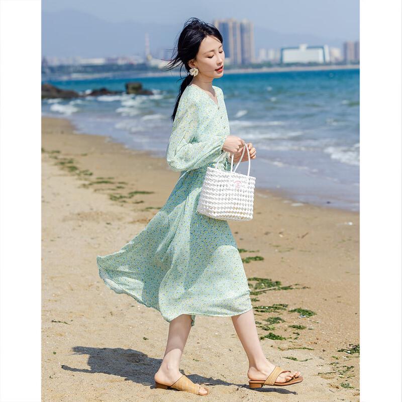 Sweet Floral Chiffon A-line V-neck Dress L