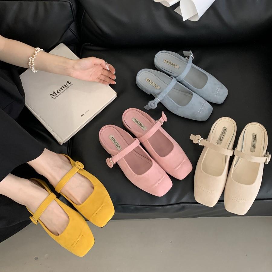 Spring 2025 new one-word with soft sole square head versatile flat-soled single shoes women's fashion shallow mouth Mary Jane shoes