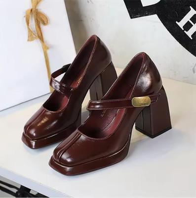 Retro Style European And American High Heels Women's Shoes Thick Heels Waterproof Platform Metal Buckle One-Strip Single Shoes