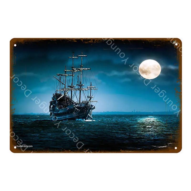Vintage Ozean Segelboot Schiff Kunstdrucke Metallposter Retro Blechschilder Für Pub Bar Café Zimmer Wanddeko Segelboot Plakette YJ238 20x30cm