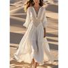 Women's V Neck 3/4 Sleeve Crochet Lace Maxi Dress High Waist Bohemian Casual Beach Dress