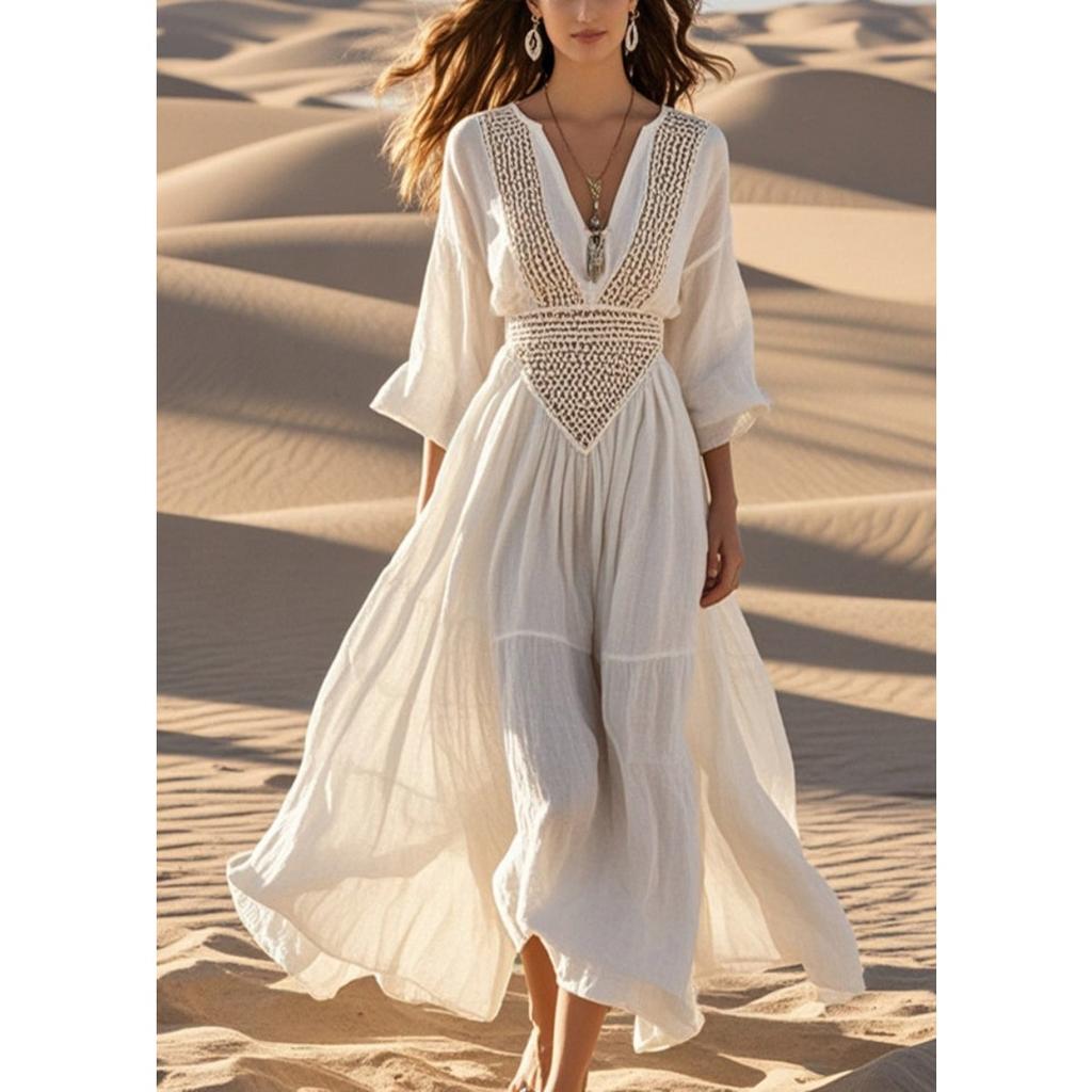 Women's V Neck 3/4 Sleeve Crochet Lace Maxi Dress High Waist Bohemian Casual Beach Dress