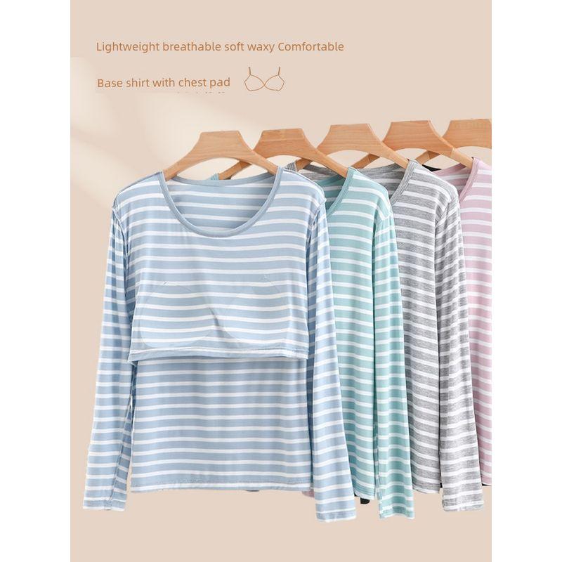 Thin Stripes Chest Pad T-shirt Long Sleeve Modal Bra-Free Undershirt Outwear Loose Easiest for Match Homewear Tops
