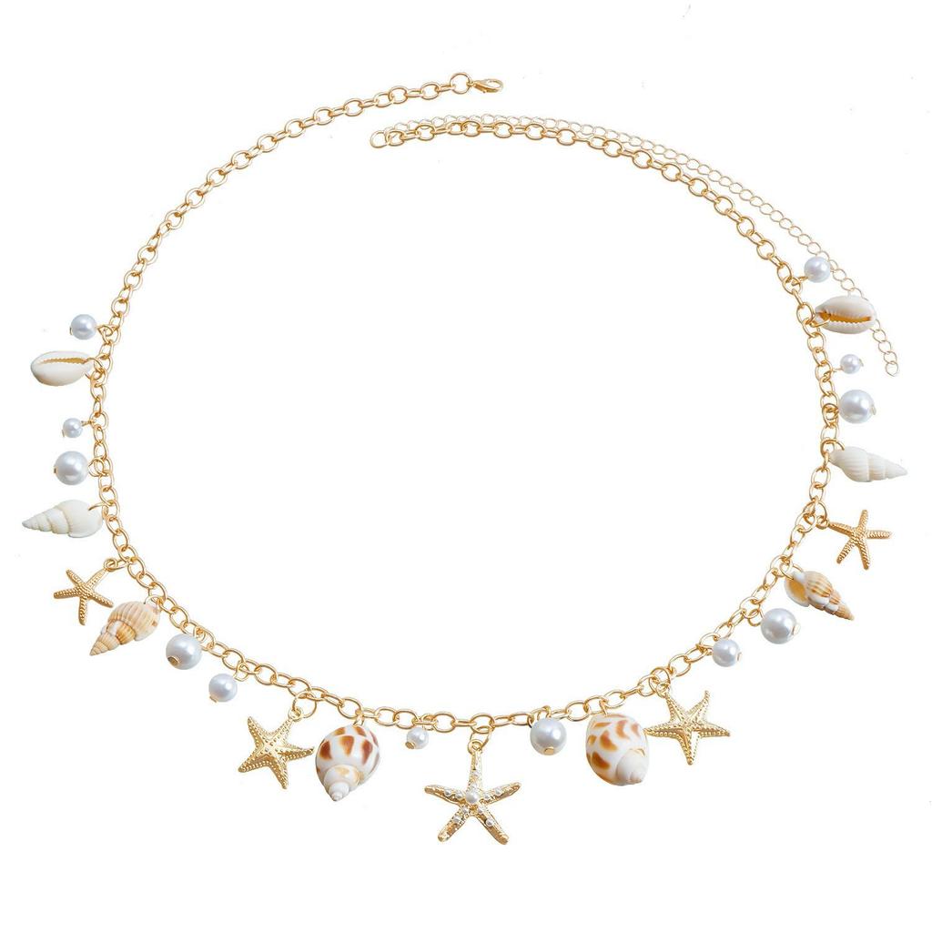 Stylish Summer Beach Starfish & Shell Pendant Waist Chain with Imitation Pearl & Tassel for Women