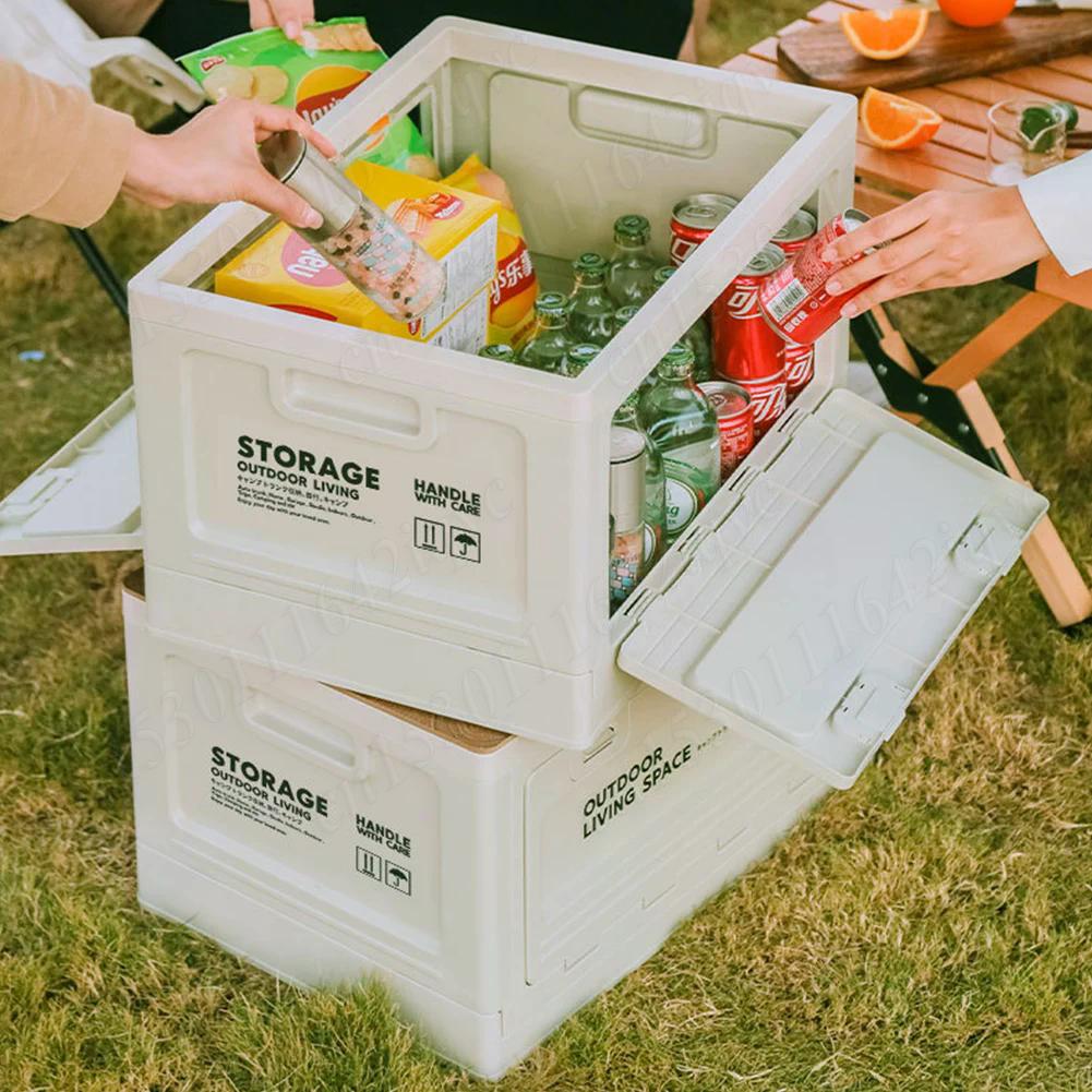 27L Camping Storage Box Large Capacity Folding Picnic Box Lightweight Outdoor Bench Chopping Board for Tableware Storage