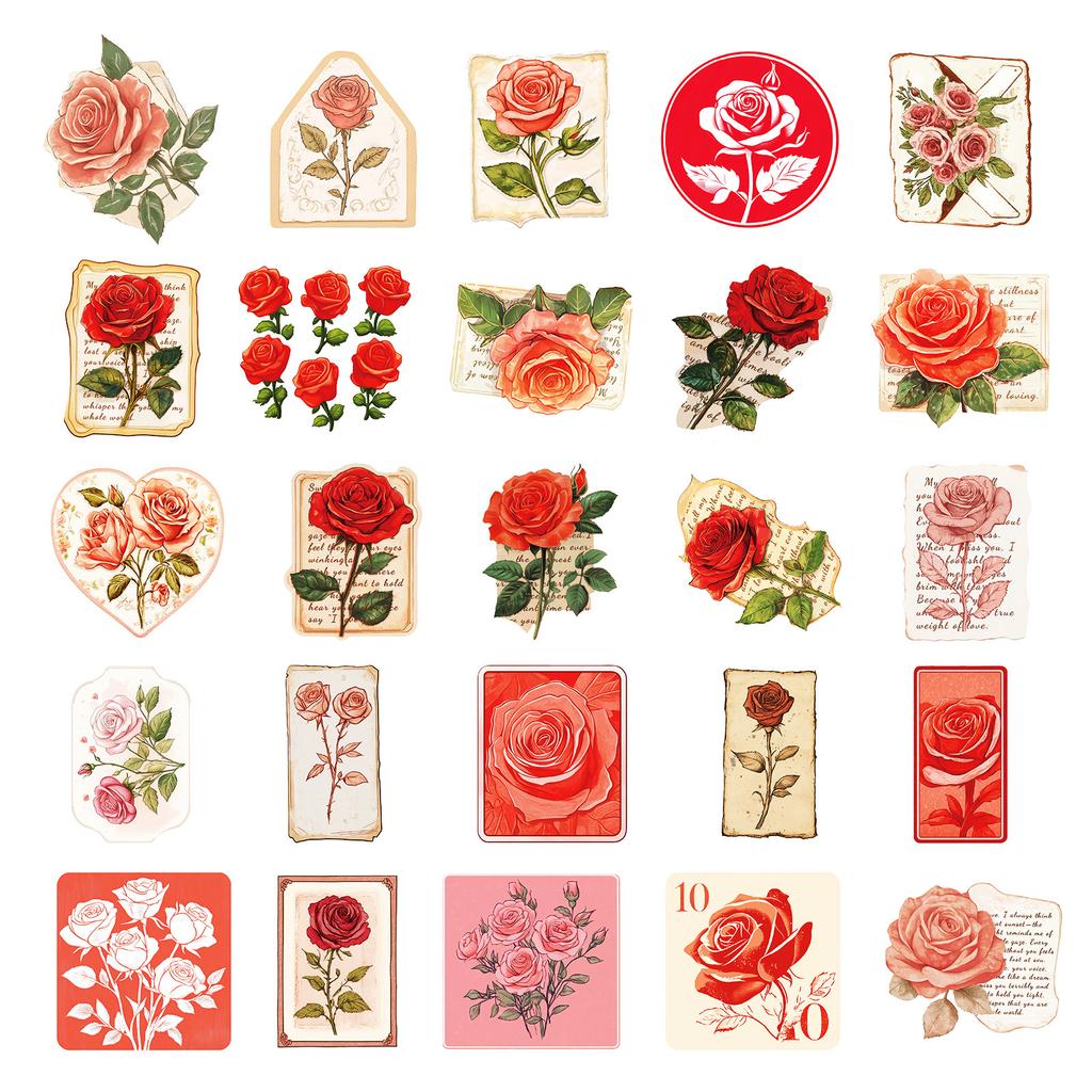 50Pcs Vintage Rose Stickers Set - Romantic Graffiti Decals for Valentine's Day & Journal Decor