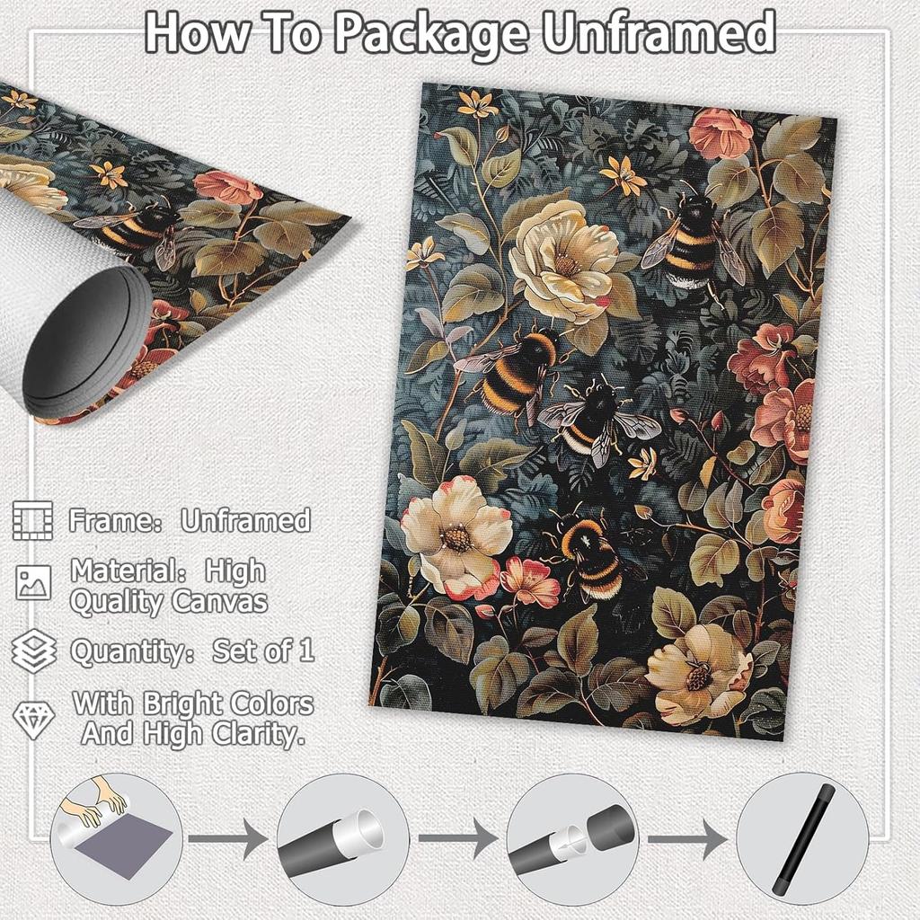 Vintage Bumble Bee Poster William Morris Wall Art Retro Farmhouse Mid Century Botanical Cottagecore Dark Academia Decor Canvas Prints Gothic Insect